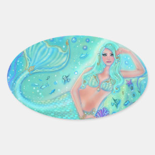 Sticker Ovale Mermaid Eira aux poissons tropicaux par Renee Lavo