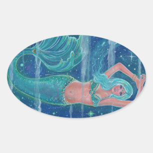 Sticker Ovale Mermaid Gemma aqua par Renee Lavoie