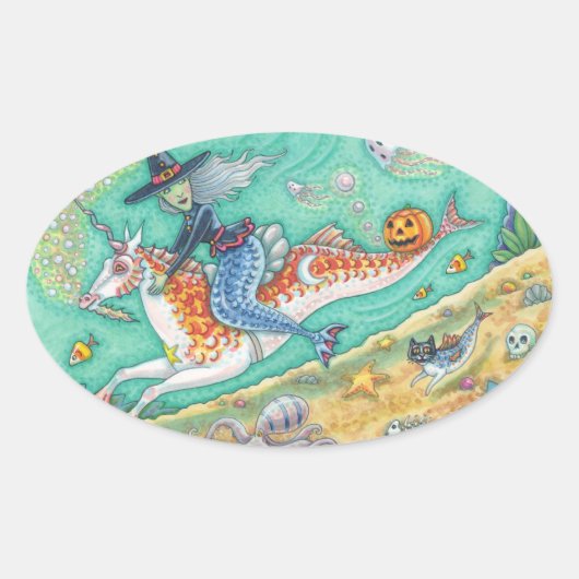 STICKER OVALE MERMAID WITCH, HALLOWEEN MERHORSE IMAGINAIRE STICK (Devant)