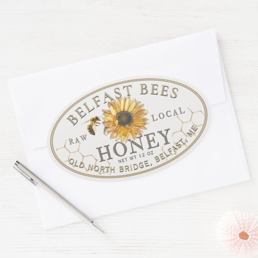 Sticker Ovale Miel local avec tournesol et abeille (Enveloppe)