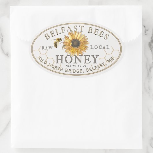 Sticker Ovale Miel local avec tournesol et abeille (Sac)