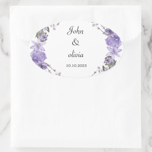 Sticker Ovale mignon mariage fleuri violet (Sac)