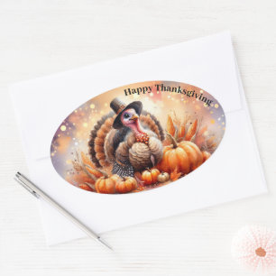 Sticker Ovale Mignon Turquie pèlerin Casquette Citrouilles Corn