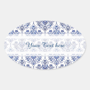 Sticker Ovale Modèle de damas fleuri - bleu