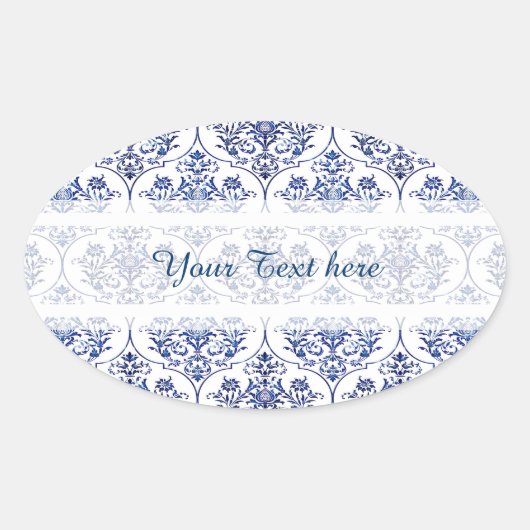 Sticker Ovale Modèle de damas fleuri - bleu (Devant)