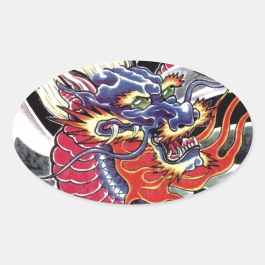 Sticker Ovale Modèle de tatouage japonais Blue Dragon (Devant)