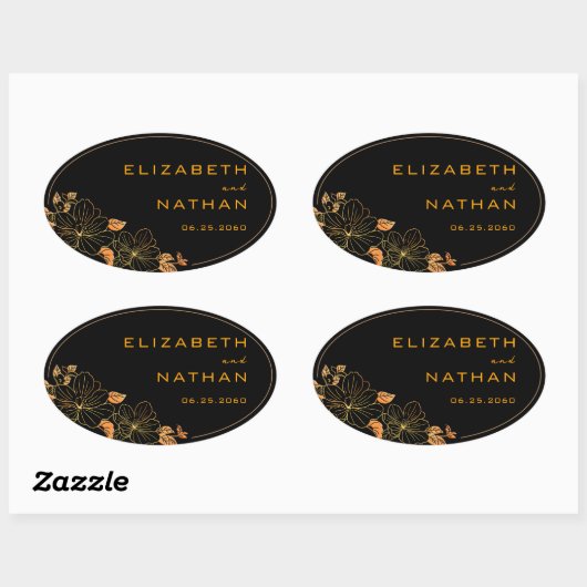 Sticker Ovale Moderne Retro Black & Gold Floral Mariage (Feuille)