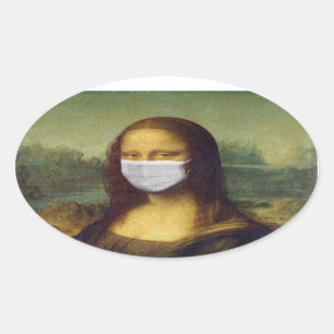 STICKER OVALE MONALISA AVEC BÂTIMENTS EN MASQUE EN PARODE