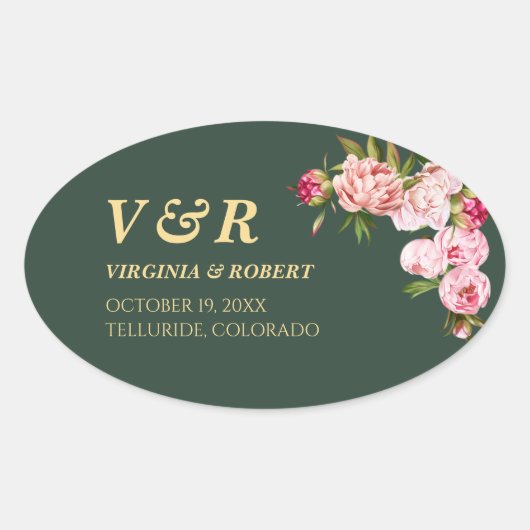 Sticker Ovale Monogramme bleu moderne Mariage vert foncé (Devant)