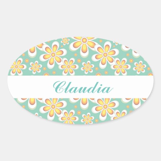 Sticker Ovale Monogramme joli fleurs orange sur vert (Devant)