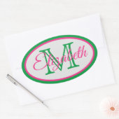 Sticker Ovale Monogramme rose et vert Preppy (Enveloppe)