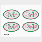 Sticker Ovale Monogramme rose et vert Preppy (Feuille)