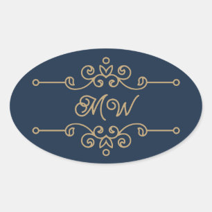 Sticker Ovale Monogramme vintage or et bleu marine Élégant