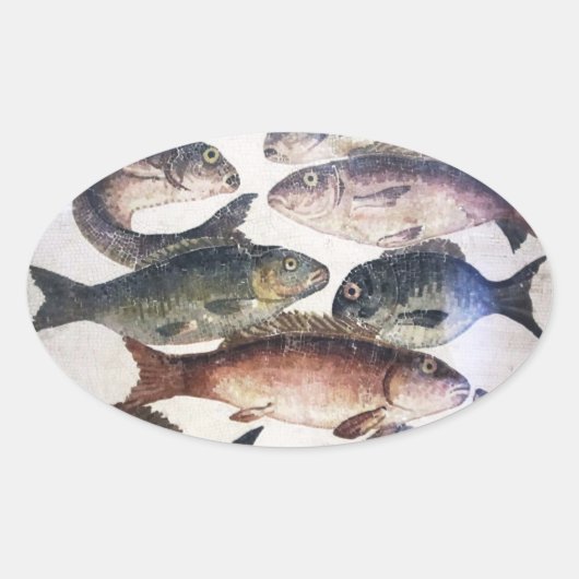 STICKER OVALE MOSAÏQUES ROMAINES ANTIQUES, POISSONS, ESPACE DE V (Devant)