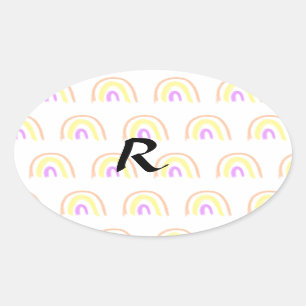Sticker Ovale Motif arc-en-ciel simple aquarelle ajouter monogra