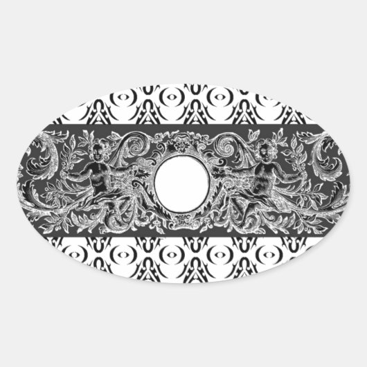 Sticker Ovale Motif baroque noir classique à customiser (Devant)