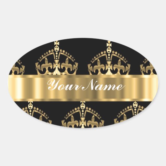 Sticker Ovale Motif couronne or sur noir (Devant)