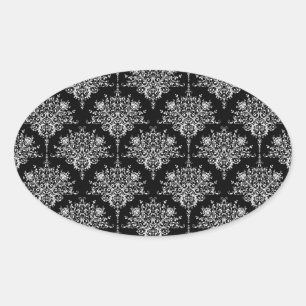 Sticker Ovale Motif damassé élégant noir et blanc