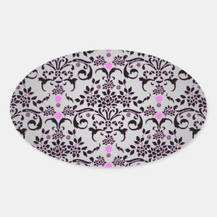 Sticker Ovale Motif damassé floral noir argenté violet élégant