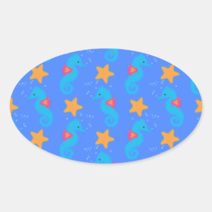 Sticker Ovale Motif De Seahores Bleues Et De Starfish