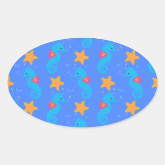 Sticker Ovale Motif De Seahores Bleues Et De Starfish (Devant)