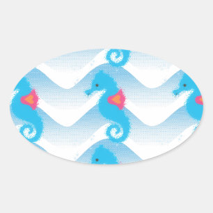 Sticker Ovale Motif Des Chevaux De Mer Et Des Vagues Bleues