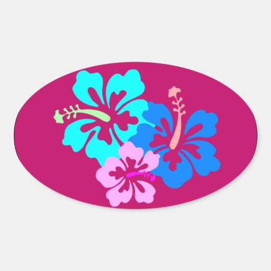 Sticker Ovale Motif hibiscus rose chaud (Devant)