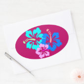 Sticker Ovale Motif hibiscus rose chaud (Enveloppe)