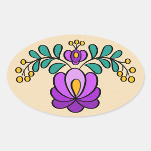 Sticker Ovale Motif hongrois de broderie, "Matyó" - violet