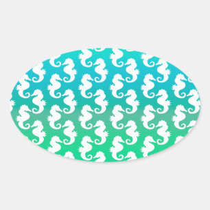 Sticker Ovale Motif joli hippocampe sur fond bleu-vert