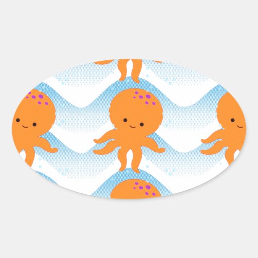 Sticker Ovale Motif Octopus Orange Et Vagues Bleues (Devant)