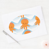 Sticker Ovale Motif Octopus Orange Et Vagues Bleues (Enveloppe)
