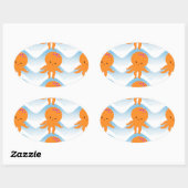 Sticker Ovale Motif Octopus Orange Et Vagues Bleues (Feuille)