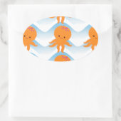 Sticker Ovale Motif Octopus Orange Et Vagues Bleues (Sac)