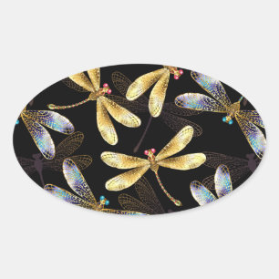 Sticker Ovale Motif sans couture avec libellules d'or