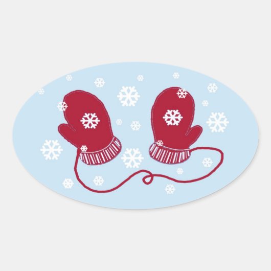 Sticker Ovale Moufle rouge et flocons de neige (Devant)