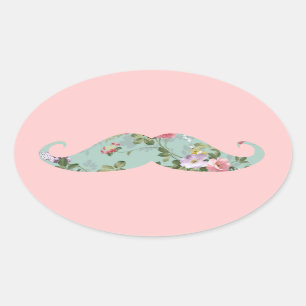 Sticker Ovale Moustache florale rose rouge vintage Girly drôle