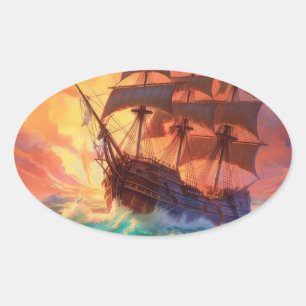 Sticker Ovale Navire À Voile Sur Une Mer Tempérée