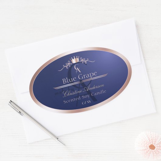 Sticker Ovale Navy Blue Product Label Rose Gold Frame Monogram (Enveloppe)