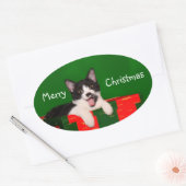 Sticker Ovale Noël du chat de Tuxedo (Enveloppe)