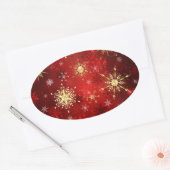 Sticker Ovale Noël Golden Snowflakes sur Arrière - plan rouge (Enveloppe)