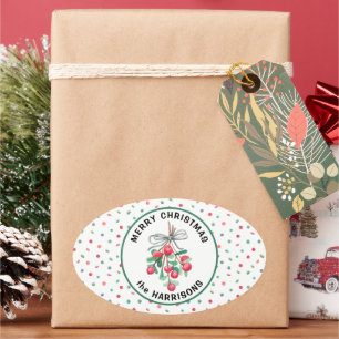 Sticker Ovale Nom, Joyeux Noël, Motif de bonbons au gui