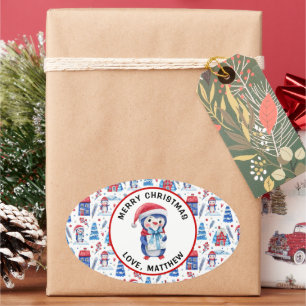 Sticker Ovale Nom, Joyeux Noël Motif Pingouin Mignon