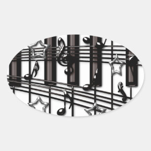 Sticker Ovale Notes et étoiles de clavier pour piano noir argent