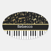 Sticker Ovale Notes musicales et touches de piano Noir et Or (Devant)
