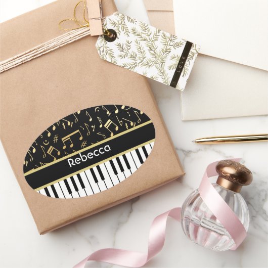 Sticker Ovale Notes musicales et touches de piano Noir et Or (Cadeaux)