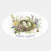 Sticker Ovale Oeufs De Pâques Dans Un Nid Floral D'Oiseaux (Devant)