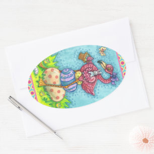STICKER OVALE OEUFS DE PÂQUES ET FLAMANT ROSE ROSE BÉBÉ AVEC BUN