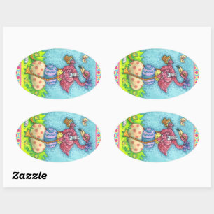 STICKER OVALE OEUFS DE PÂQUES ET FLAMANT ROSE ROSE BÉBÉ AVEC BUN