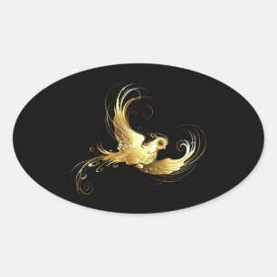 Sticker Ovale Oiseau d'or sur Arrière - plan noir